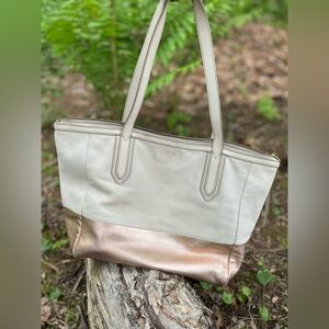 Fossil Cream and Gold Tote Bag with Minimalist Design